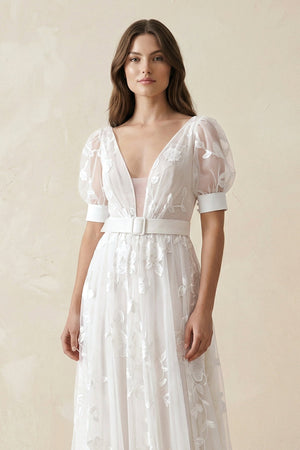V - Neck Appliqued Tulle A - Line Wedding Dress With Belt in White - SHE IS ME Wedding Dresses