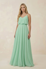 V-Neck Blouson A-Line Chiffon Bridesmaid Dress in Pale Pistachio - KISS BRIDAL BRIDESMAID DRESSES
