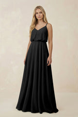 V - Neck Blouson A - Line Chiffon Bridesmaid Dress in Black - KISS BRIDAL Bridesmaid Dresses