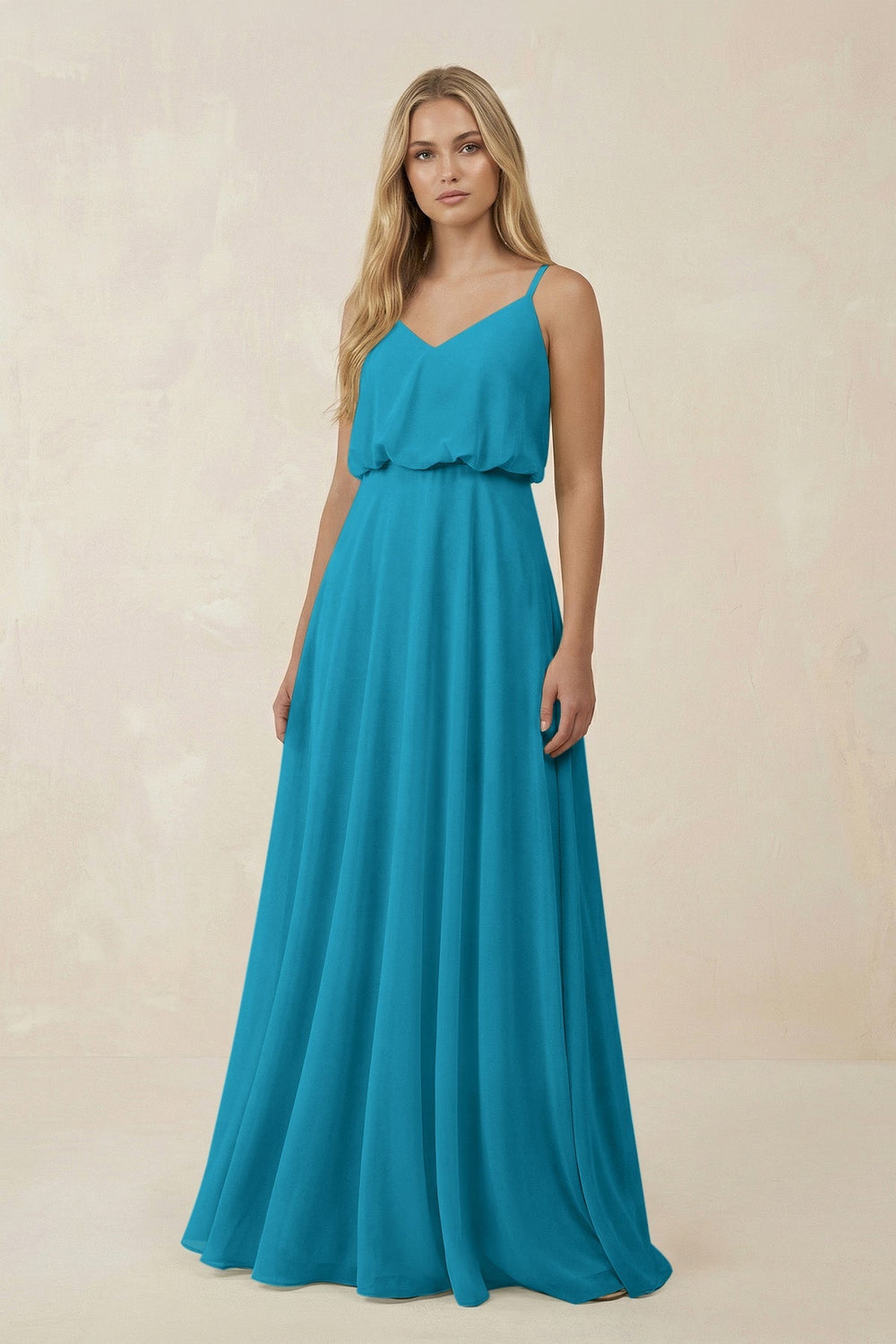 V - Neck Blouson A - Line Chiffon Bridesmaid Dress in Blue Jay - SHE IS ME Bridesmaid Dresses