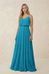 V - Neck Blouson A - Line Chiffon Bridesmaid Dress in Blue Jay - KISS BRIDAL Bridesmaid Dresses