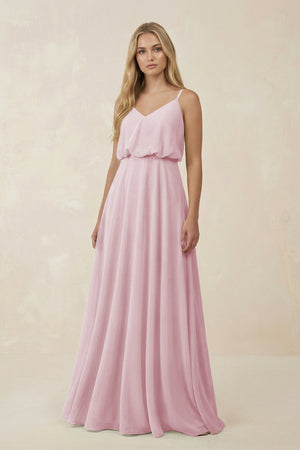 V - Neck Blouson A - Line Chiffon Bridesmaid Dress in Candy Pink - SHE IS ME Bridesmaid Dresses