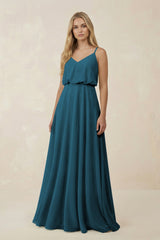V - Neck Blouson A - Line Chiffon Bridesmaid Dress in Dark Teal - KISS BRIDAL Bridesmaid Dresses