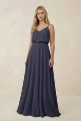 V - Neck Blouson A - Line Chiffon Bridesmaid Dress in Dusk Blue - KISS BRIDAL Bridesmaid Dresses