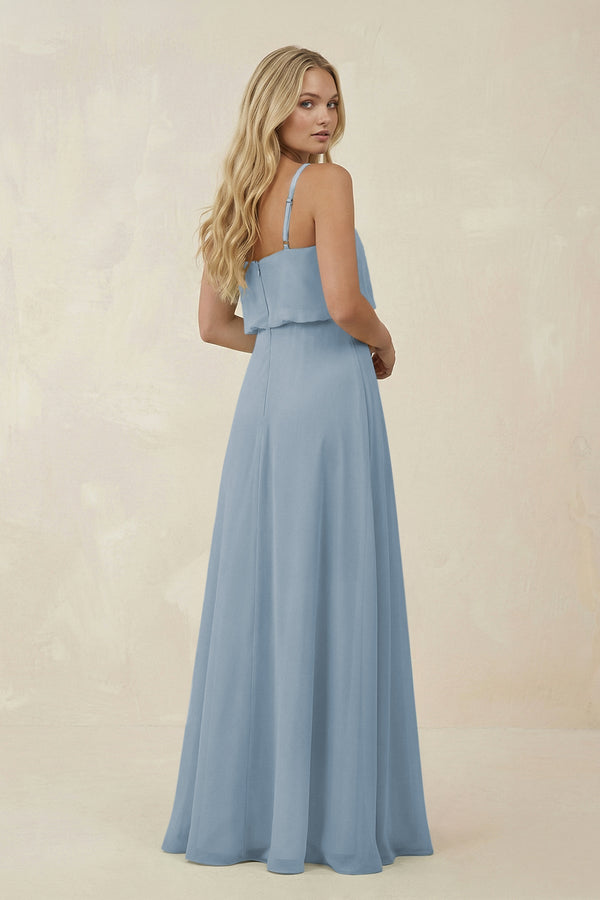 V - Neck Blouson A - Line Chiffon Bridesmaid Dress in Dusty Blue - SHE IS ME Bridesmaid Dresses