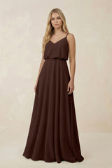 V - Neck Blouson A - Line Chiffon Bridesmaid Dress in Espresso - KISS BRIDAL Bridesmaid Dresses