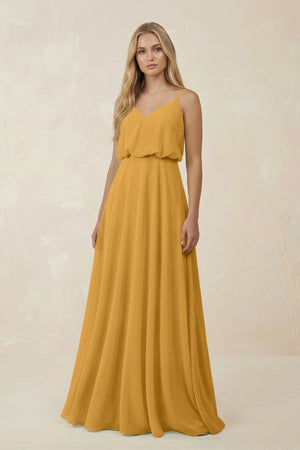 V - Neck Blouson A - Line Chiffon Bridesmaid Dress in Marigold - SHE IS ME Bridesmaid Dresses