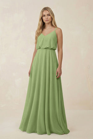 V - Neck Blouson A - Line Chiffon Bridesmaid Dress in Matcha - SHE IS ME Bridesmaid Dresses