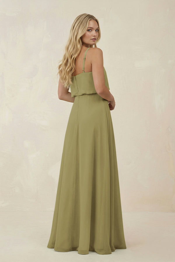V-Neck Blouson A-Line Chiffon Bridesmaid Dress in Moss Green (2) | KISSBRIDAL