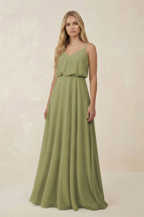 V - Neck Blouson A - Line Chiffon Bridesmaid Dress in Moss Green - SHE IS ME Bridesmaid Dresses