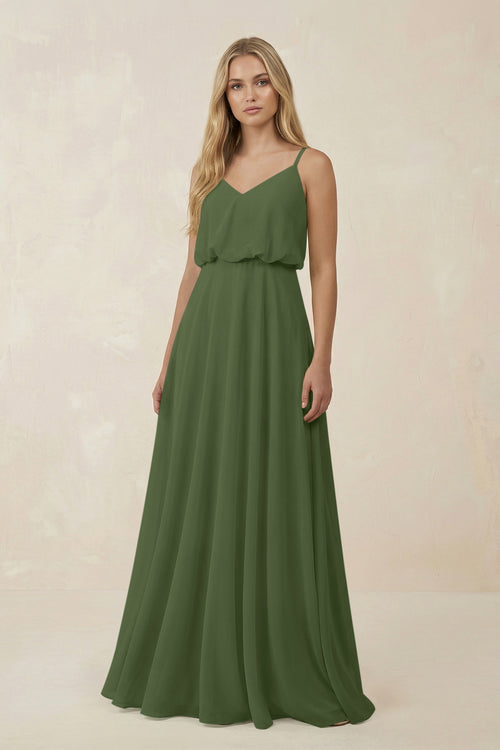 V-Neck Blouson A-Line Chiffon Bridesmaid Dress in Moss | KISSBRIDAL