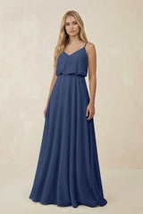V - Neck Blouson A - Line Chiffon Bridesmaid Dress in Navy - KISS BRIDAL Bridesmaid Dresses