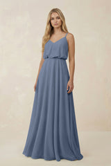 V - Neck Blouson A - Line Chiffon Bridesmaid Dress in Neptune - KISS BRIDAL Bridesmaid Dresses