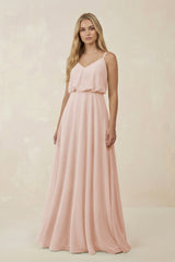 V - Neck Blouson A - Line Chiffon Bridesmaid Dress in Pale Blush - KISS BRIDAL Bridesmaid Dresses