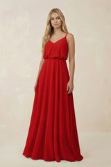 V - Neck Blouson A - Line Chiffon Bridesmaid Dress in Ruby Red - KISS BRIDAL Bridesmaid Dresses