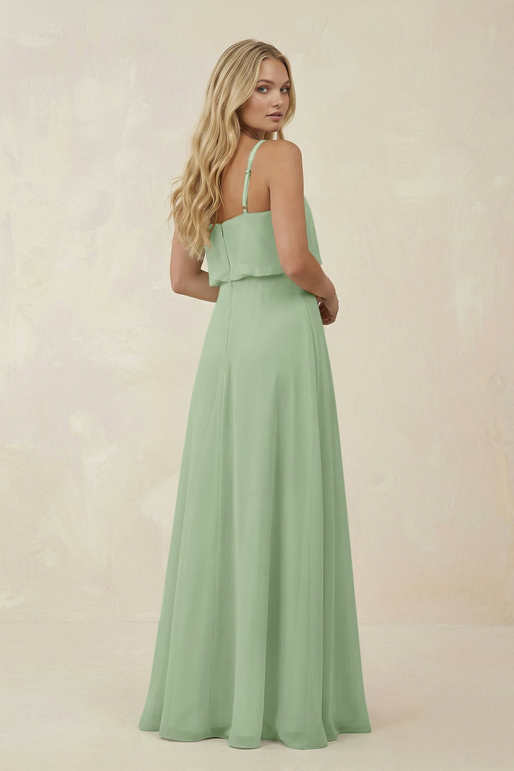 V - Neck Blouson A - Line Chiffon Bridesmaid Dress in Sage - SHE IS ME Bridesmaid Dresses