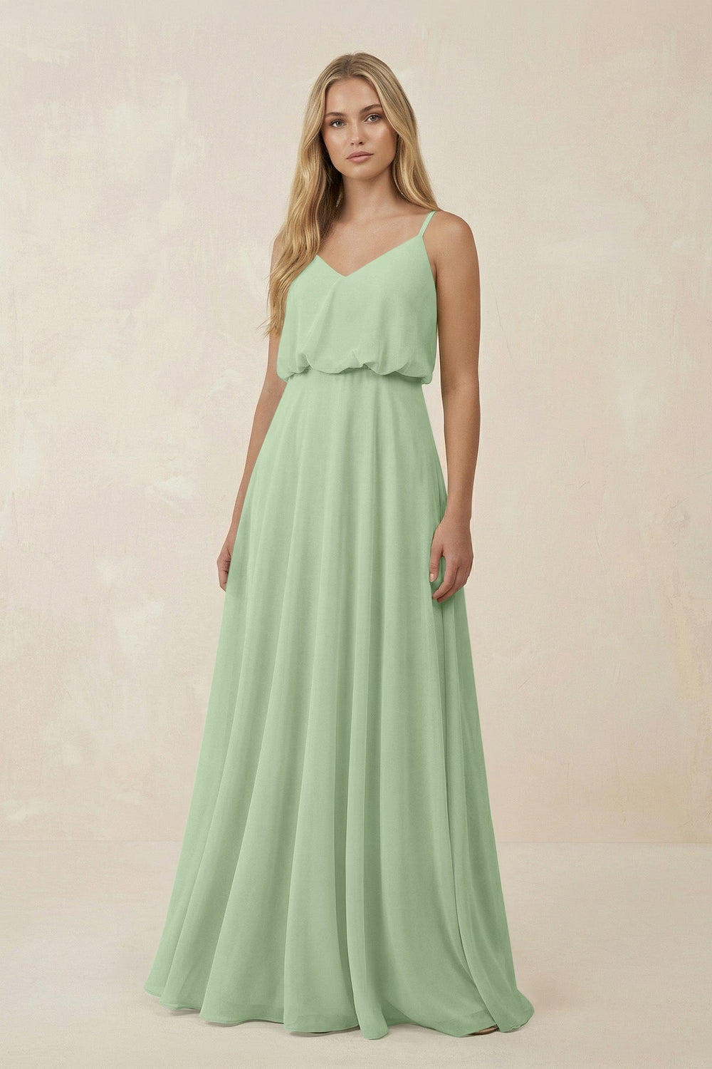 V - Neck Blouson A - Line Chiffon Bridesmaid Dress in Sage - SHE IS ME Bridesmaid Dresses