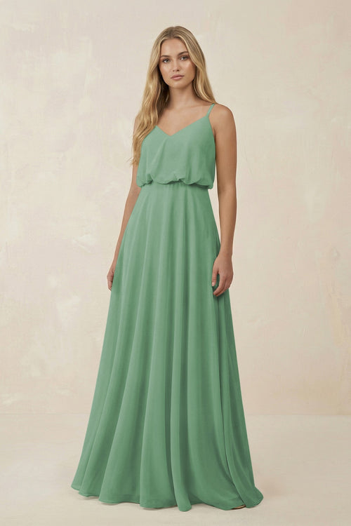 V - Neck Blouson A - Line Chiffon Bridesmaid Dress in Sea Glass - SHE IS ME Bridesmaid Dresses