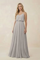 V - Neck Blouson A - Line Chiffon Bridesmaid Dress in Silver - SHE IS ME Bridesmaid Dresses