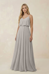 V - Neck Blouson A - Line Chiffon Bridesmaid Dress in Silver - KISS BRIDAL Bridesmaid Dresses