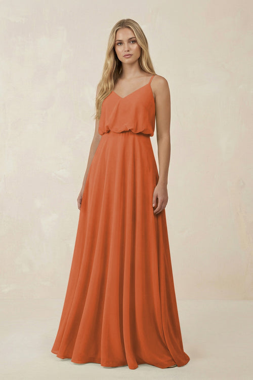 V - Neck Blouson A - Line Chiffon Bridesmaid Dress in Terracotta - SHE IS ME Bridesmaid Dresses