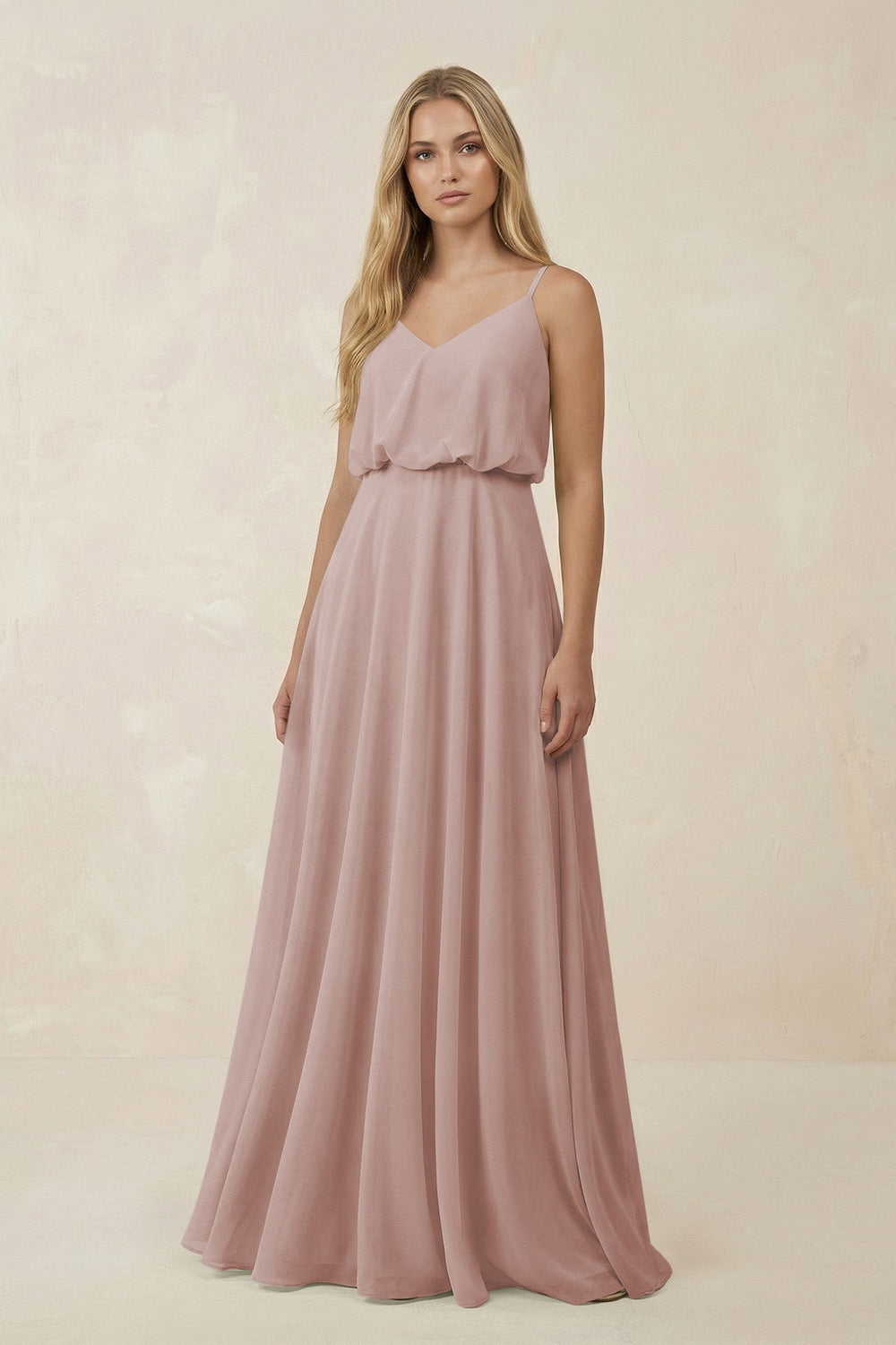 V - Neck Blouson A - Line Chiffon Bridesmaid Dress in Toffee - SHE IS ME Bridesmaid Dresses