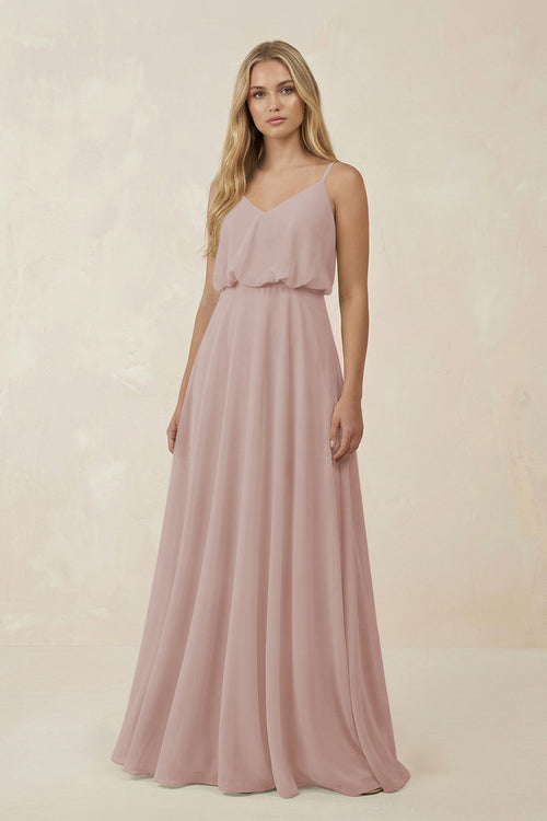V-Neck Blouson A-Line Chiffon Bridesmaid Dress in Toffee | KISSBRIDAL