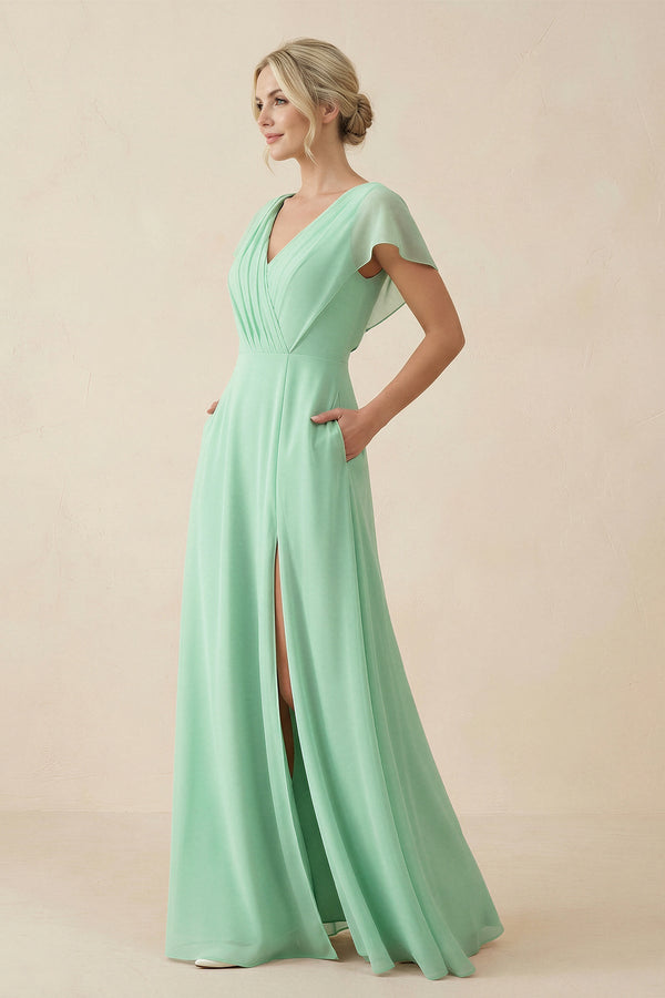 V-Neck Cap Sleeve Chiffon Bridesmaid Dress with Cut-out Back in Pale Pistachio - SHE IS ME BRIDESMAID DRESSES
