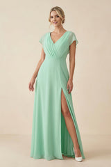 V-Neck Cap Sleeve Chiffon Bridesmaid Dress with Cut-out Back in Pale Pistachio - KISS BRIDAL BRIDESMAID DRESSES