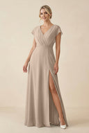 V - Neck Cap Sleeve Chiffon Bridesmaid Dress with Cut - out Back in Almond - SHE IS ME Bridesmaid Dresses