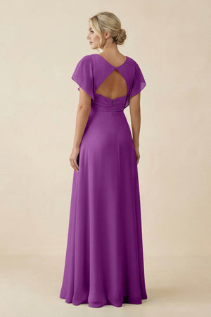 V - Neck Cap Sleeve Chiffon Bridesmaid Dress with Cut - out Back in Amethyst - SHE IS ME Bridesmaid Dresses