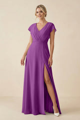 V - Neck Cap Sleeve Chiffon Bridesmaid Dress with Cut - out Back in Amethyst - KISS BRIDAL Bridesmaid Dresses