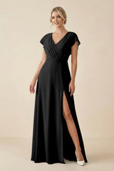 V - Neck Cap Sleeve Chiffon Bridesmaid Dress with Cut - out Back in Black - KISS BRIDAL Bridesmaid Dresses
