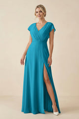 V - Neck Cap Sleeve Chiffon Bridesmaid Dress with Cut - out Back in Blue Jay - KISS BRIDAL Bridesmaid Dresses