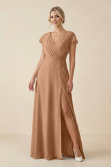 V - Neck Cap Sleeve Chiffon Bridesmaid Dress with Cut - out Back in Bronzer - KISS BRIDAL Bridesmaid Dresses