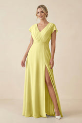 V - Neck Cap Sleeve Chiffon Bridesmaid Dress with Cut - out Back in Buttercup - KISS BRIDAL Bridesmaid Dresses