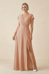 V - Neck Cap Sleeve Chiffon Bridesmaid Dress with Cut - out Back in Champagne Rose - KISS BRIDAL Bridesmaid Dresses