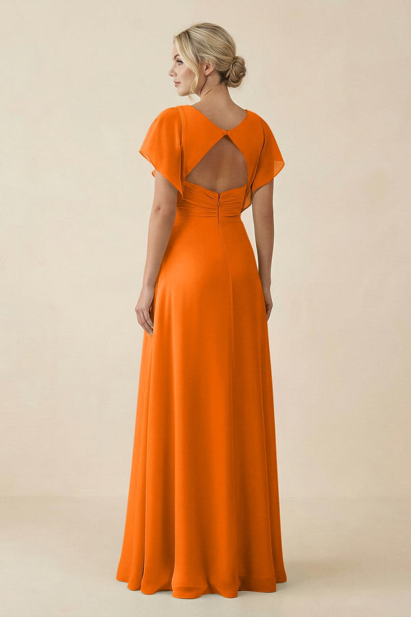 V - Neck Cap Sleeve Chiffon Bridesmaid Dress with Cut - out Back in Cinnamon - SHE IS ME Bridesmaid Dresses