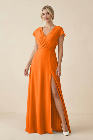 V - Neck Cap Sleeve Chiffon Bridesmaid Dress with Cut - out Back in Cinnamon - SHE IS ME Bridesmaid Dresses