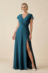 V - Neck Cap Sleeve Chiffon Bridesmaid Dress with Cut - out Back in Dark Teal - KISS BRIDAL Bridesmaid Dresses