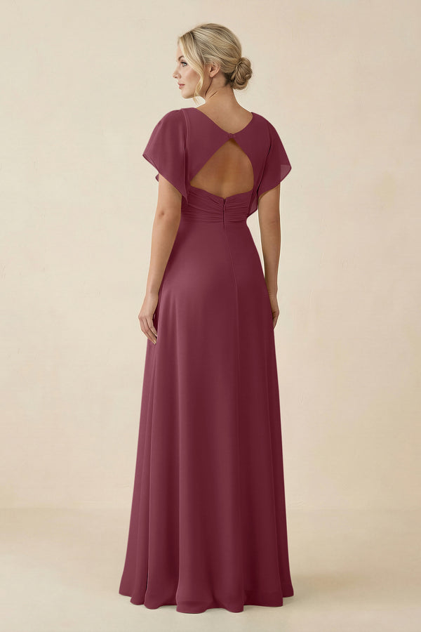 V-Neck Cap Sleeve Chiffon Bridesmaid Dress with Cut-out Back in Desert Rose (2) | KISSBRIDAL
