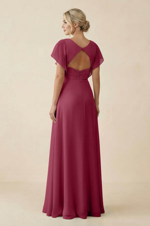 V - Neck Cap Sleeve Chiffon Bridesmaid Dress with Cut - out Back in Desert Rose - SHE IS ME Bridesmaid Dresses