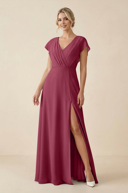 V - Neck Cap Sleeve Chiffon Bridesmaid Dress with Cut - out Back in Desert Rose - SHE IS ME Bridesmaid Dresses