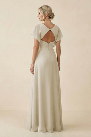V - Neck Cap Sleeve Chiffon Bridesmaid Dress with Cut - out Back in Dove Gray - SHE IS ME Bridesmaid Dresses