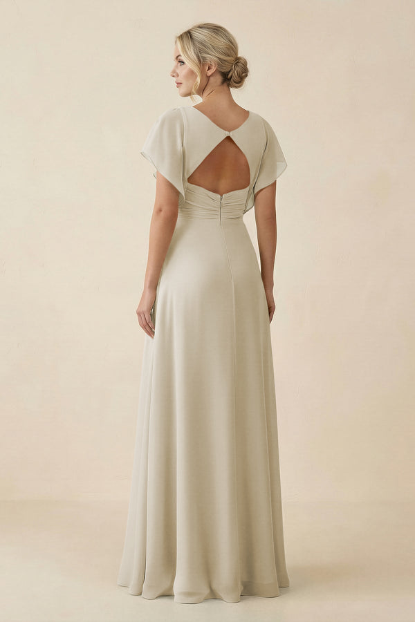 V - Neck Cap Sleeve Chiffon Bridesmaid Dress with Cut - out Back in Dove Gray - SHE IS ME Bridesmaid Dresses