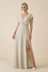 V - Neck Cap Sleeve Chiffon Bridesmaid Dress with Cut - out Back in Dove Gray - KISS BRIDAL Bridesmaid Dresses