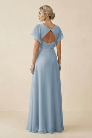V - Neck Cap Sleeve Chiffon Bridesmaid Dress with Cut - out Back in Dusty Blue - SHE IS ME Bridesmaid Dresses