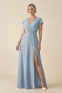 V - Neck Cap Sleeve Chiffon Bridesmaid Dress with Cut - out Back in Dusty Blue - SHE IS ME Bridesmaid Dresses