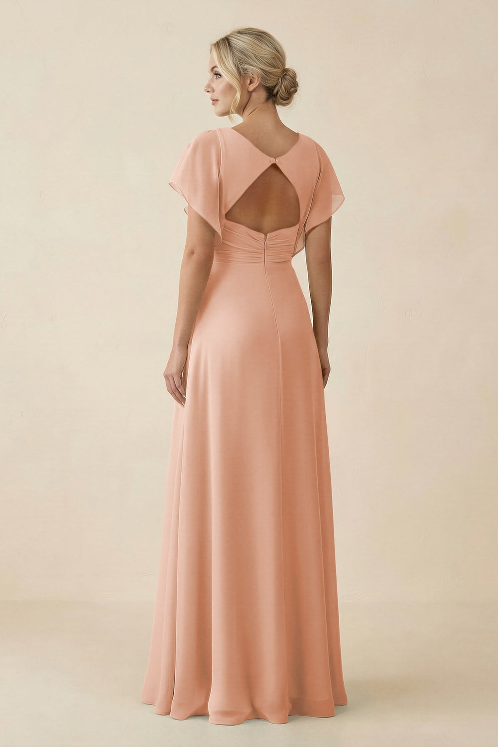 V - Neck Cap Sleeve Chiffon Bridesmaid Dress with Cut - out Back in English Rose - SHE IS ME Bridesmaid Dresses
