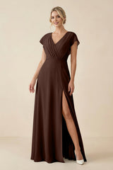 V - Neck Cap Sleeve Chiffon Bridesmaid Dress with Cut - out Back in Espresso - KISS BRIDAL Bridesmaid Dresses